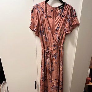 Lulu’s Rusty Rose Floral Print Short Flutter Sleeve Wrap Maxi Dress